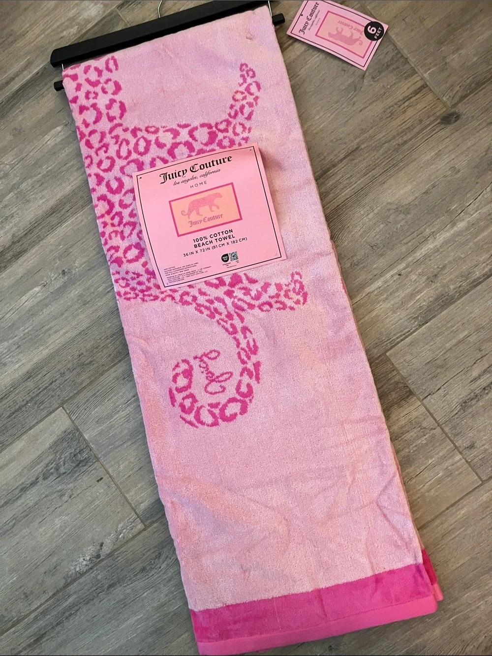 🎀Juicy Couture beach towel leopard print 6 ft long pink leopard on front NWT